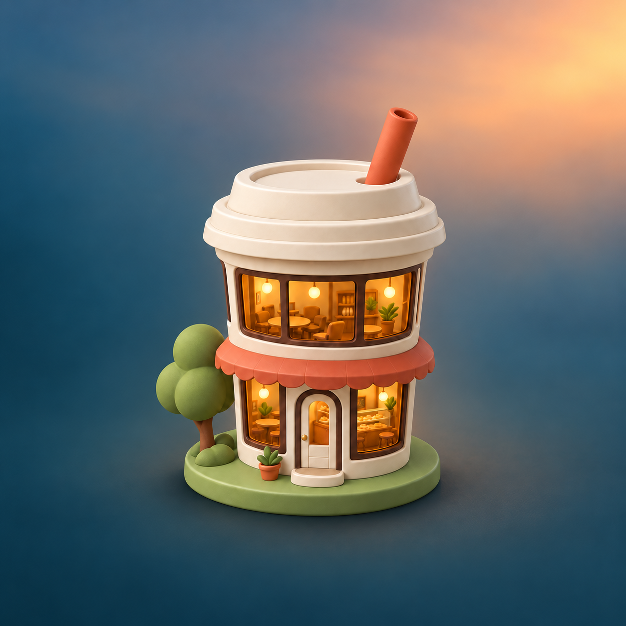 WHY CAFÉ brand illustration: a tiny coffee-cup building with warm windows and a leafy tree